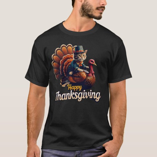 Pilgrim Kitty "Happy Thanksgiving" Cat Meme Tシャツ (正面)