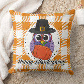 Pilgrim Owl on Orange Plaid - Happy Thanksgiving クッション (ブランケット)