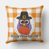 Pilgrim Owl on Orange Plaid - Happy Thanksgiving クッション (裏面)