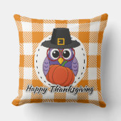 Pilgrim Owl on Orange Plaid - Happy Thanksgiving クッション (正面)