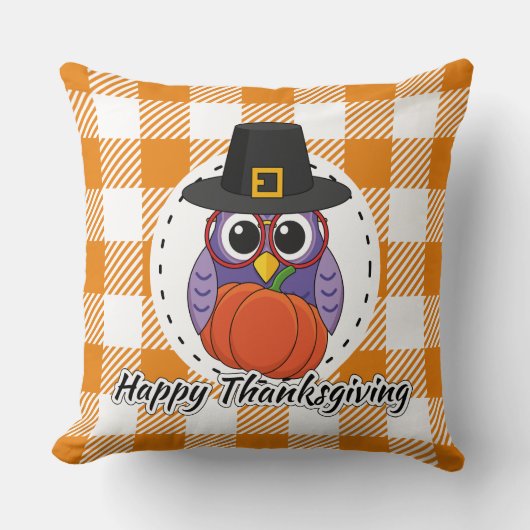 Pilgrim Owl on Orange Plaid - Happy Thanksgiving クッション (正面)