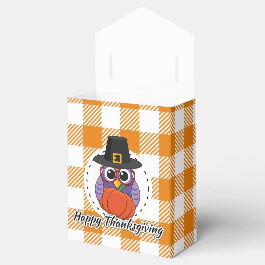 Pilgrim Owl on Orange Plaid - Happy Thanksgiving フェイバーボックス (オープン)