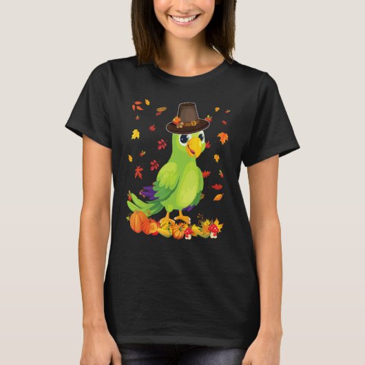 Pilgrim Parrot Happy Thanksgiving Thankful Pumpkin Tシャツ (正面)