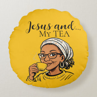 Pillow depicting Jesus and My Tea ラウンドクッション