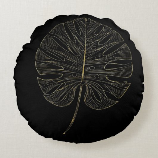Pillow Luxe Gold Monstera Leaf Botanical Decor ラウンドクッション (正面)