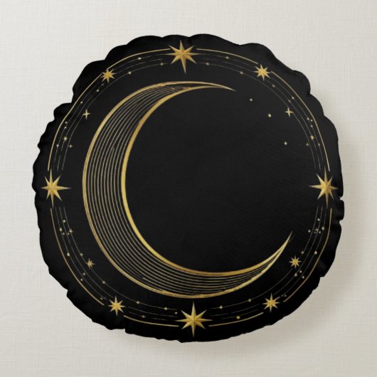 Pillow Round Luxury Black Gold Celestial Moon ラウンドクッション (正面)