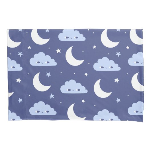 Pillowcase Navy Kawaii Moon Stars Clouds 枕カバー (正面)