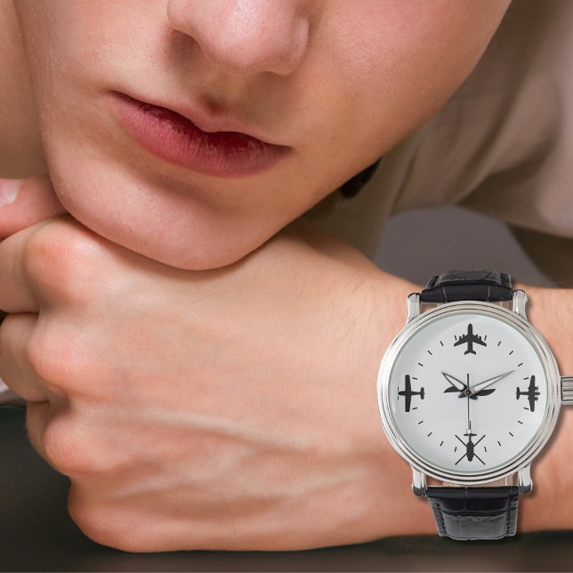 Pilot Airplane Simple Black Cool Aviation 腕時計 (クリエイターアップロード済み)