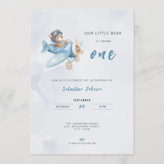 Pilot Bear Airplane 1st Birthday Party Invitation 招待状 (正面)