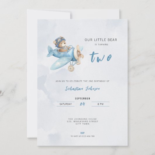 Pilot Bear Airplane 2nd Birthday Party Invitation 招待状 (正面)