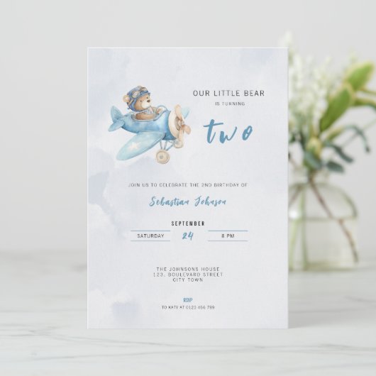 Pilot Bear Airplane 2nd Birthday Party Invitation 招待状 (スタンド正面)