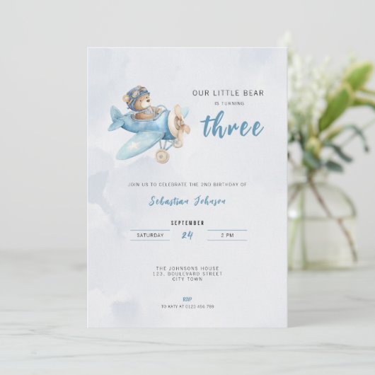 Pilot Bear Airplane 3rd Birthday Party Invitation 招待状 (スタンド正面)
