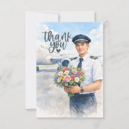 Pilot holds flowers on the runway  サンキューカード