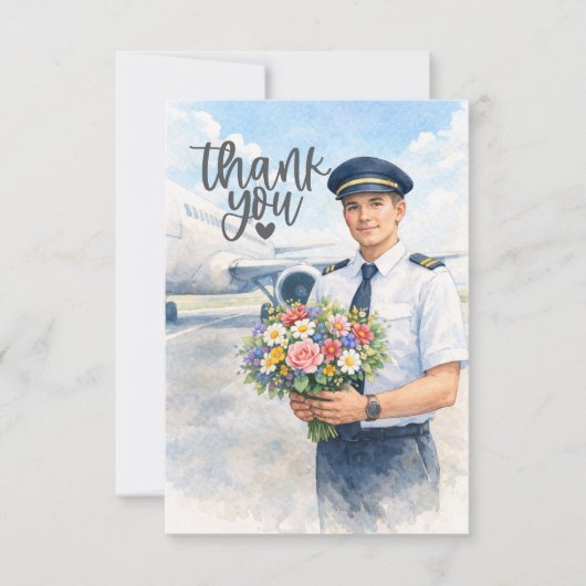 Pilot holds flowers on the runway  サンキューカード (正面)
