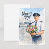 Pilot holds flowers on the runway  サンキューカード (正面/裏面)