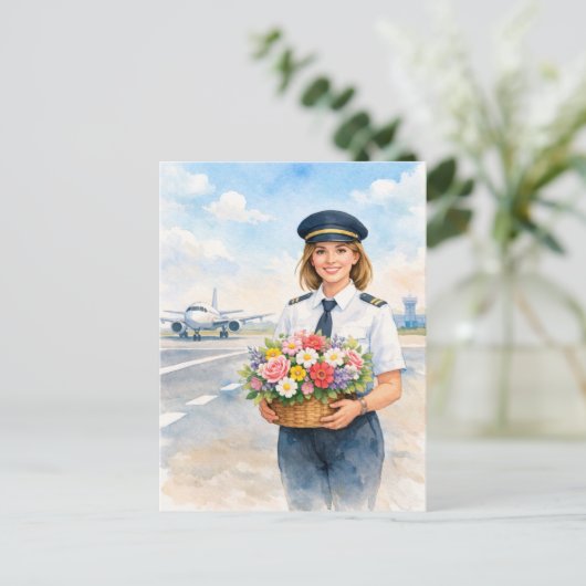 Pilot holds flowers standing on runway  ポストカード (スタンド正面)