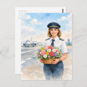 Pilot holds flowers standing on runway  ポストカード (正面/裏面)