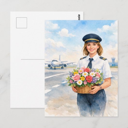 Pilot holds flowers standing on runway  ポストカード (正面/裏面)