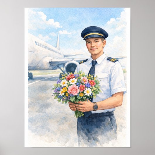 Pilot holds flowers standing on the runway  ポスター (正面)