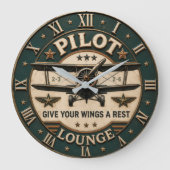Pilot Lounge Vintage Biplane Classic Aviation ラージ壁時計 (正面)