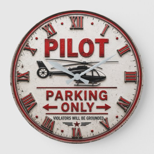 Pilot Parking Only Helicopter Aviation Hangar ラージ壁時計 (正面)