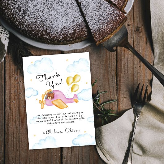 Pilot Teddy Bear Balloon Airplane Baby Shower  サンキューカード