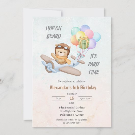 Pilot Teddy Bear Birthday Invitation 招待状 (正面)