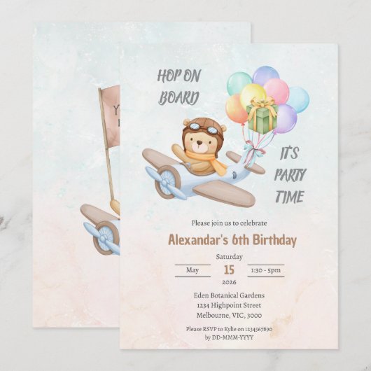 Pilot Teddy Bear Birthday Invitation 招待状 (正面/裏面)
