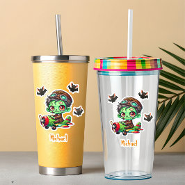 Pilot Zombie flying Airplane & Bat Funny Halloween シール