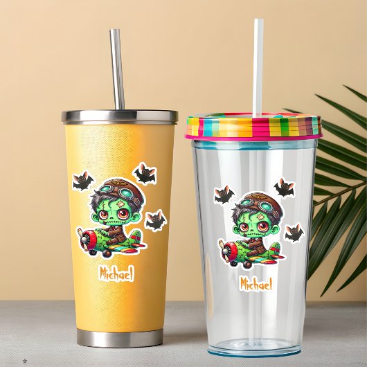 Pilot Zombie flying Airplane & Bat Funny Halloween シール