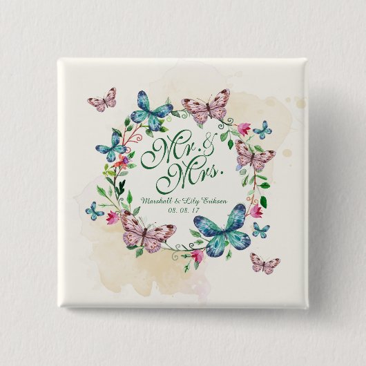 Pinボタンを結婚するパーソナライズな蝶リース 缶バッジ (正面)