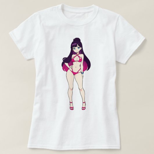 Pin-Up Anime Girl in Pink Cut-Out Bikini Tシャツ (デザイン正面)