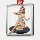 Pin Up Girl sitting on Record メタルオーナメント (左)