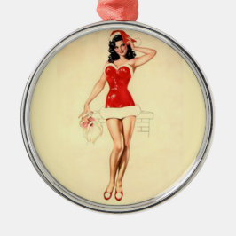 Pin Up Girl with Santa Mask メタルオーナメント