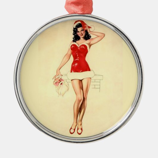 Pin Up Girl with Santa Mask メタルオーナメント (正面)