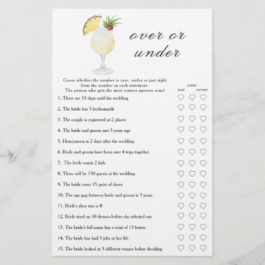 Pina Colada Bridal shower - Over or under game (正面)