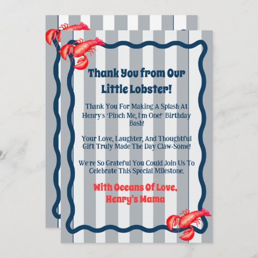 Pinch Me, I'm One lobster 1st Birthday サンキューカード (正面/裏面)