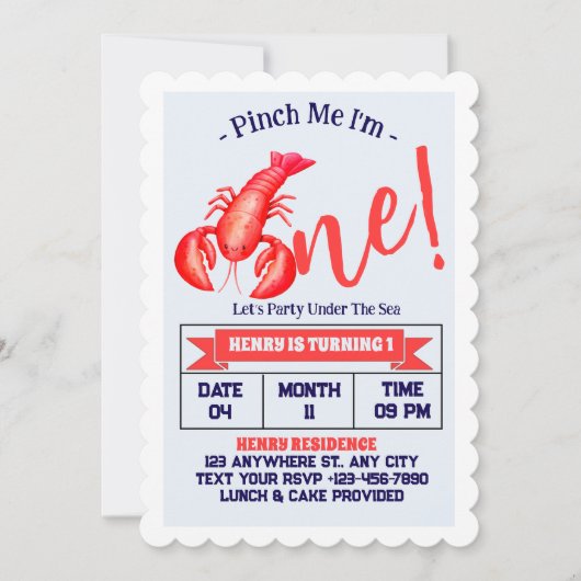 Pinch Me, I'm One Lobster Boy 1st Birthday Party 招待状 (正面)
