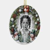 Pine and Snowmen Custom Christmas Photo Circle セラミックオーナメント (右)