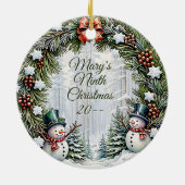 Pine and Snowmen Custom Christmas Photo Circle セラミックオーナメント (裏面)
