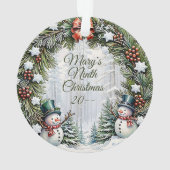 Pine and Snowmen Custom Christmas Photo Round オーナメント (裏面)