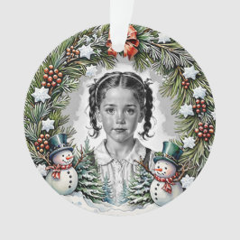 Pine and Snowmen Custom Christmas Photo Round オーナメント