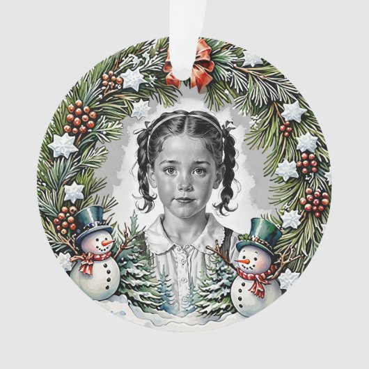 Pine and Snowmen Custom Christmas Photo Round オーナメント (正面)