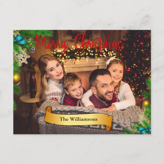 Pine Boughフレーム金ゴールドデコークリスマスフォト シーズンポストカード (正面)