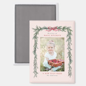 Pine Branch Frame Photo Blush Pink Christmas  マグネット (正面/裏面)