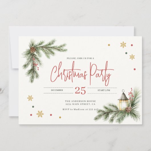 Pine Branches with Holly Berries & Gold Snowflake  招待状 (正面)