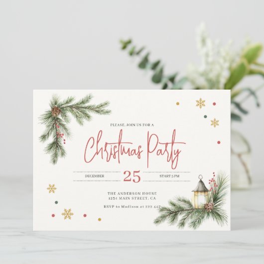 Pine Branches with Holly Berries & Gold Snowflake  招待状 (スタンド正面)