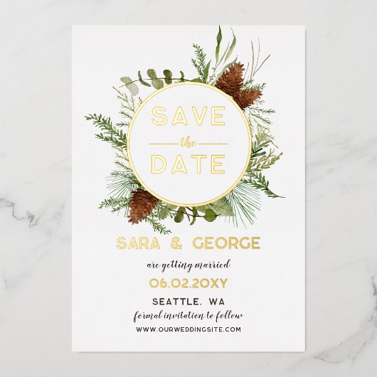 Pine Cone Fir Branches写真素朴日付の保存 箔招待状 (正面)