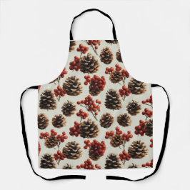 Pine Cones and Red Berries Winter Pattern エプロン
