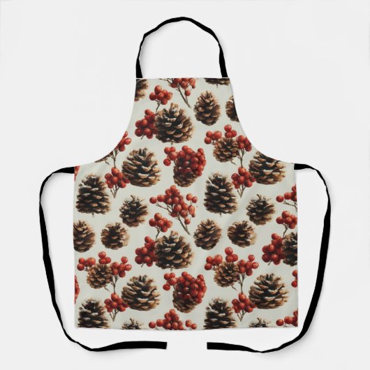 Pine Cones and Red Berries Winter Pattern エプロン (正面)